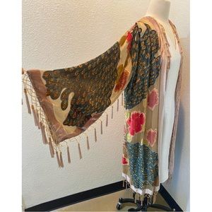 AUTHENTIC VINTAGE SILK PEACOCK BURNOUT VELVET FRINGE SWEATER, KIMONO DUSTER
